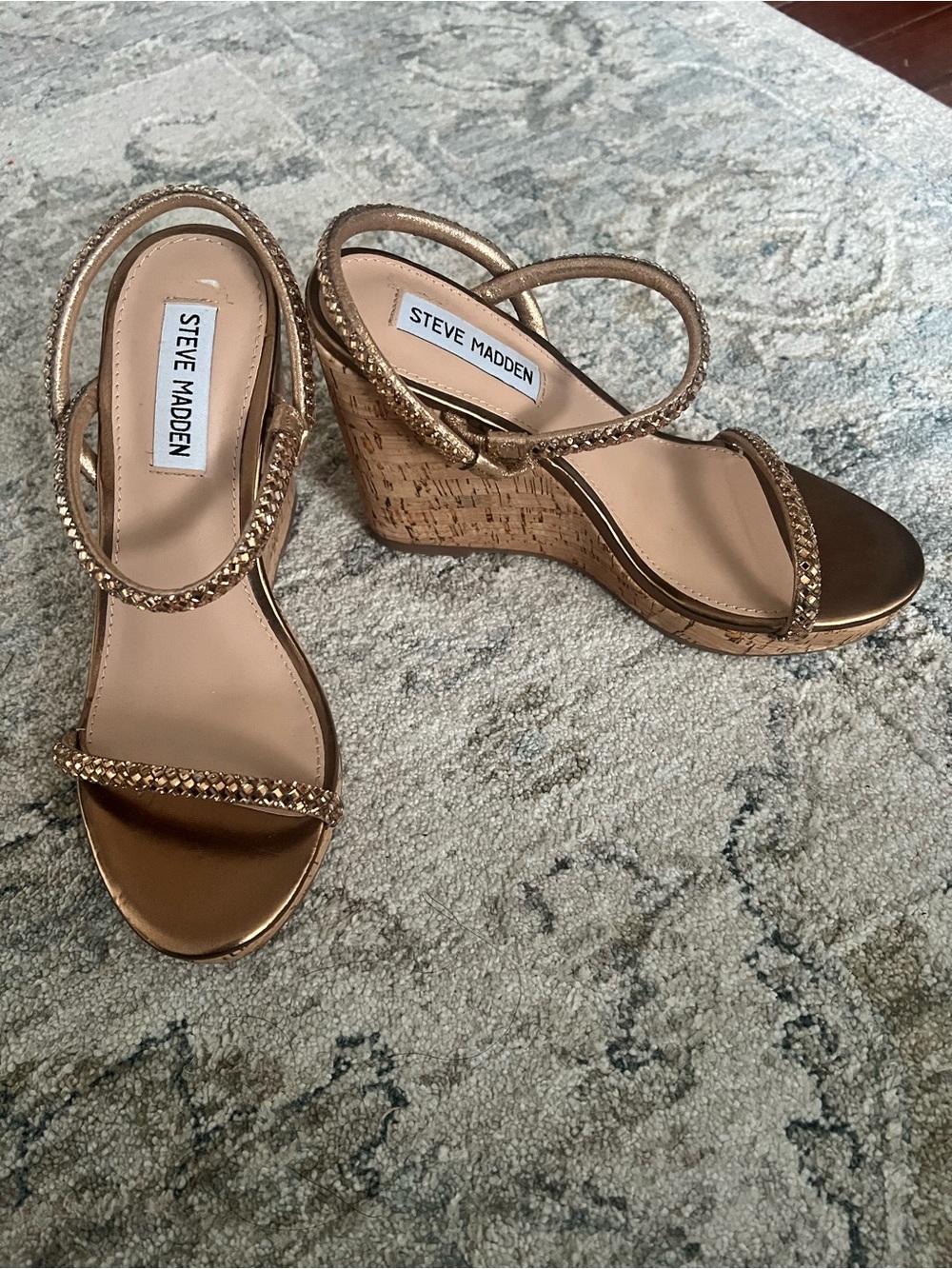 Steve Madden Metallic Gold Braided Strap Cork Wedge Sandals